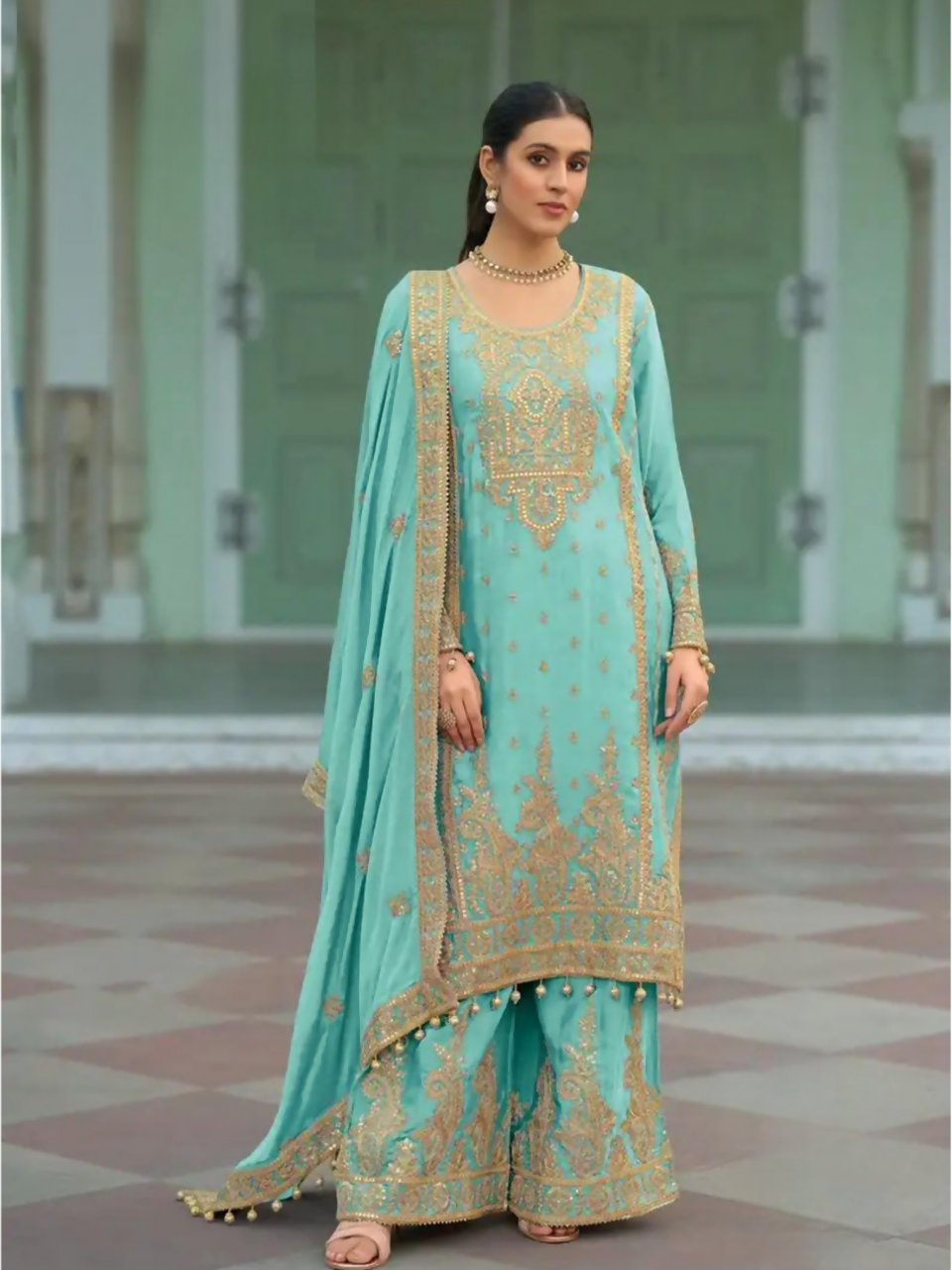 Anaita Sky-Blue Heavy Chinon Readymade Palazzo Suit with Heavy Embroidery Work | Grocsy