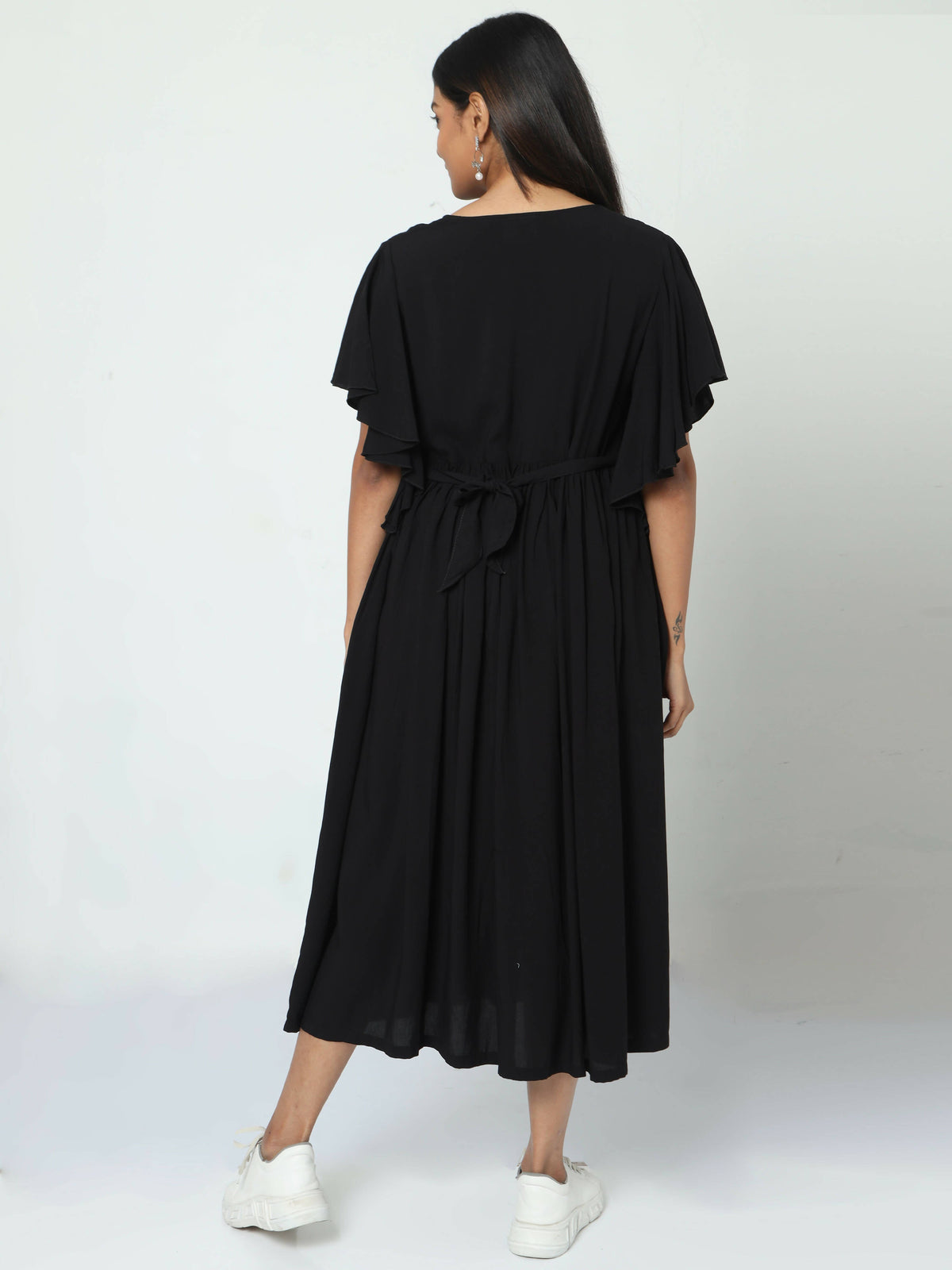 Manet Maternity Frill Slevee Solid Dress With Concealed Zipper Nursing Access - Black | Grocsy