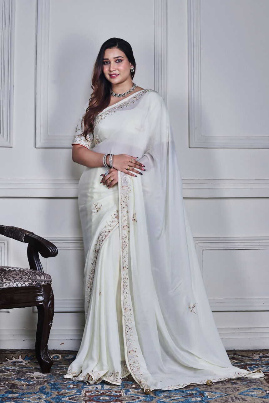 Morchari Off White Chiffon Hand Embroidery Saree Stitched Blouse | Grocsy
