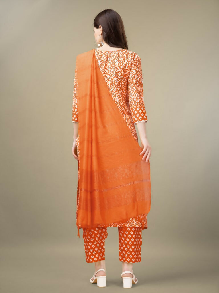 Jyoti Fashion Women's Orange Rayon Embroidery & Sequence work Kurta with Trouser & Dupatta | Grocsy
