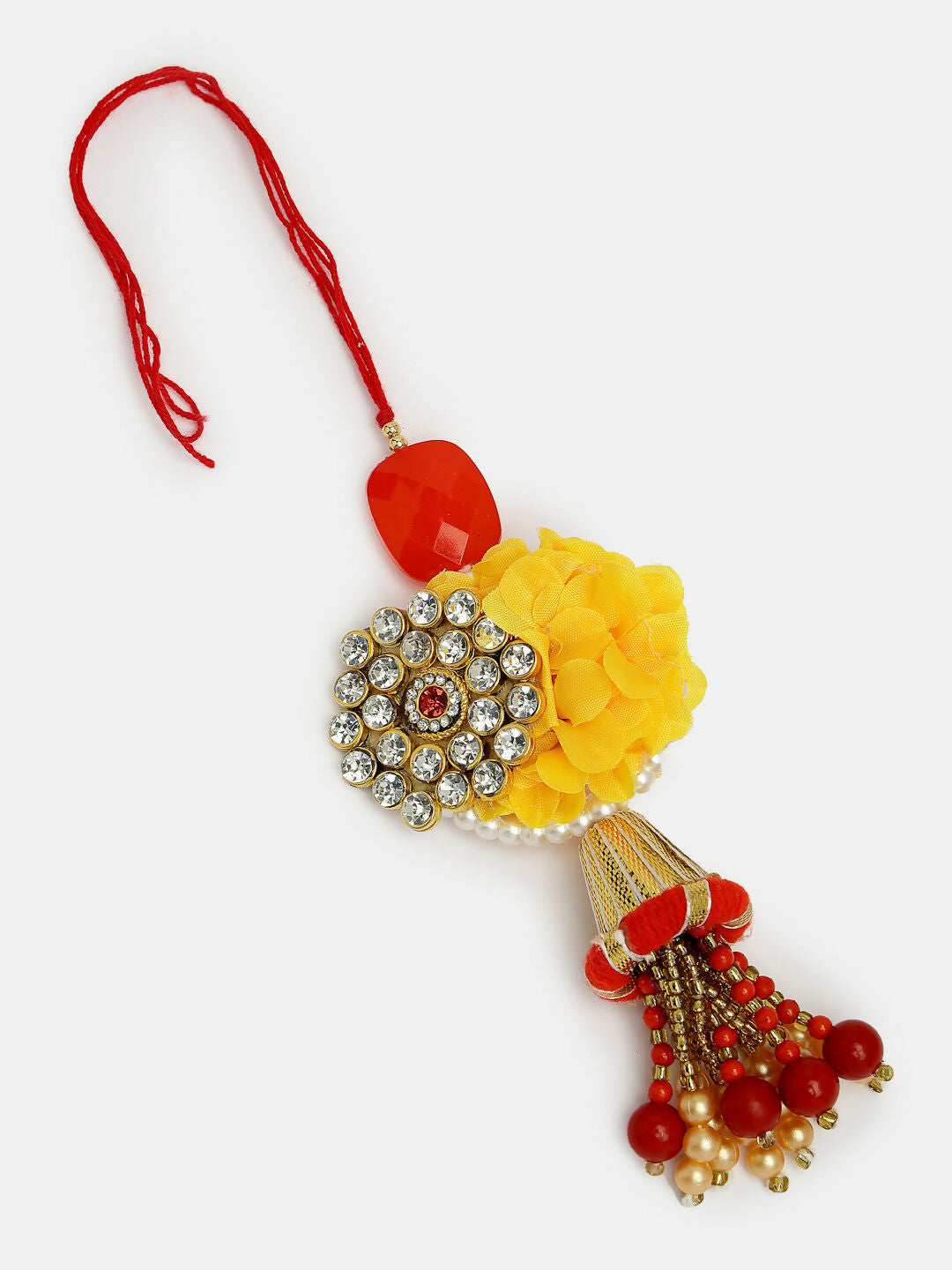 NVR Women & Men Set of 2 Red & Gold-Toned Stone-Studded & Beaded Bhaiya Bhabhi Rakhi With Roli Chawal & Chocolate | Grocsy