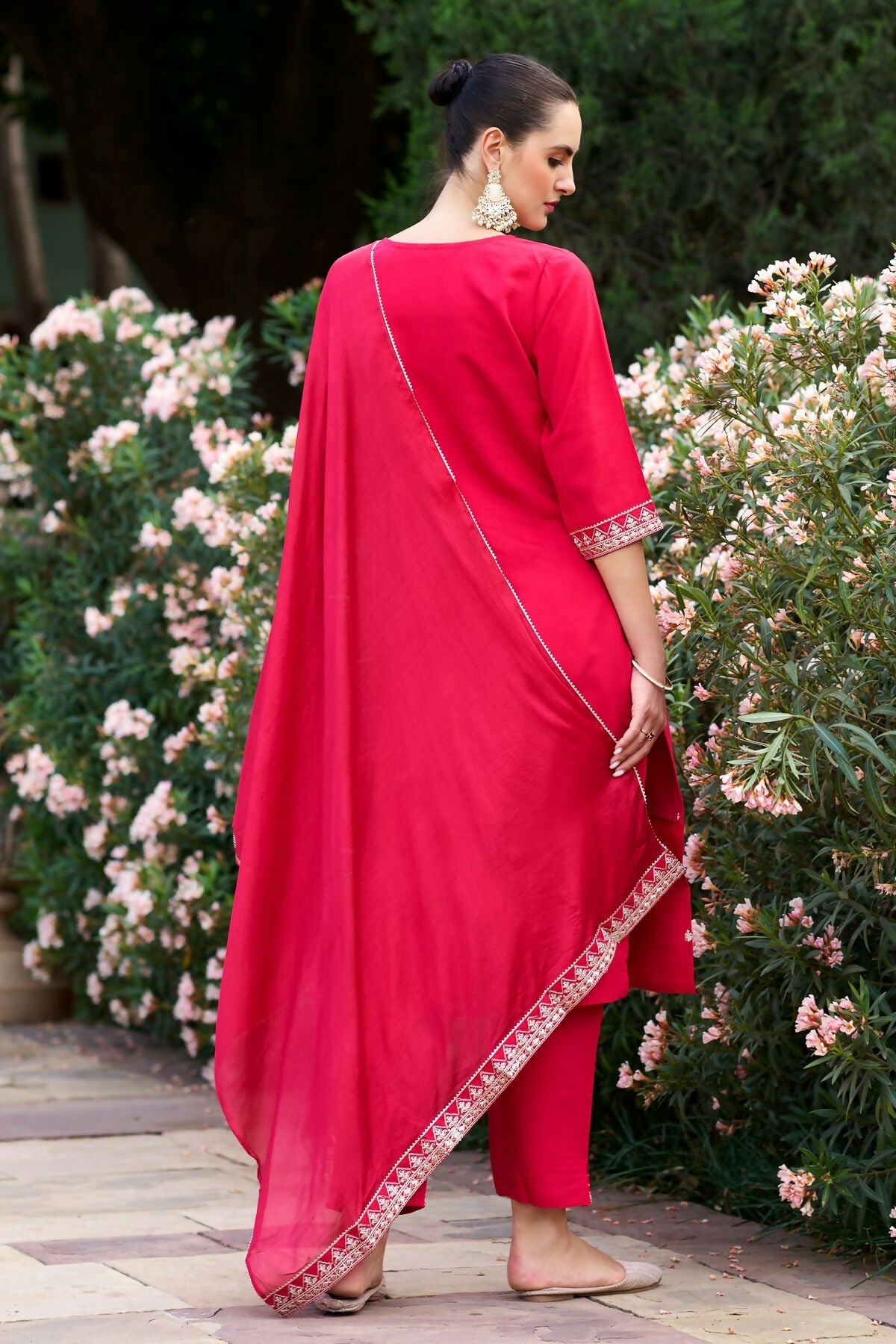 The52 Red Women's Gorgeous Embroidered Rayon Slub Fabric Straight Kurta Pant with Dupatta Set | Grocsy