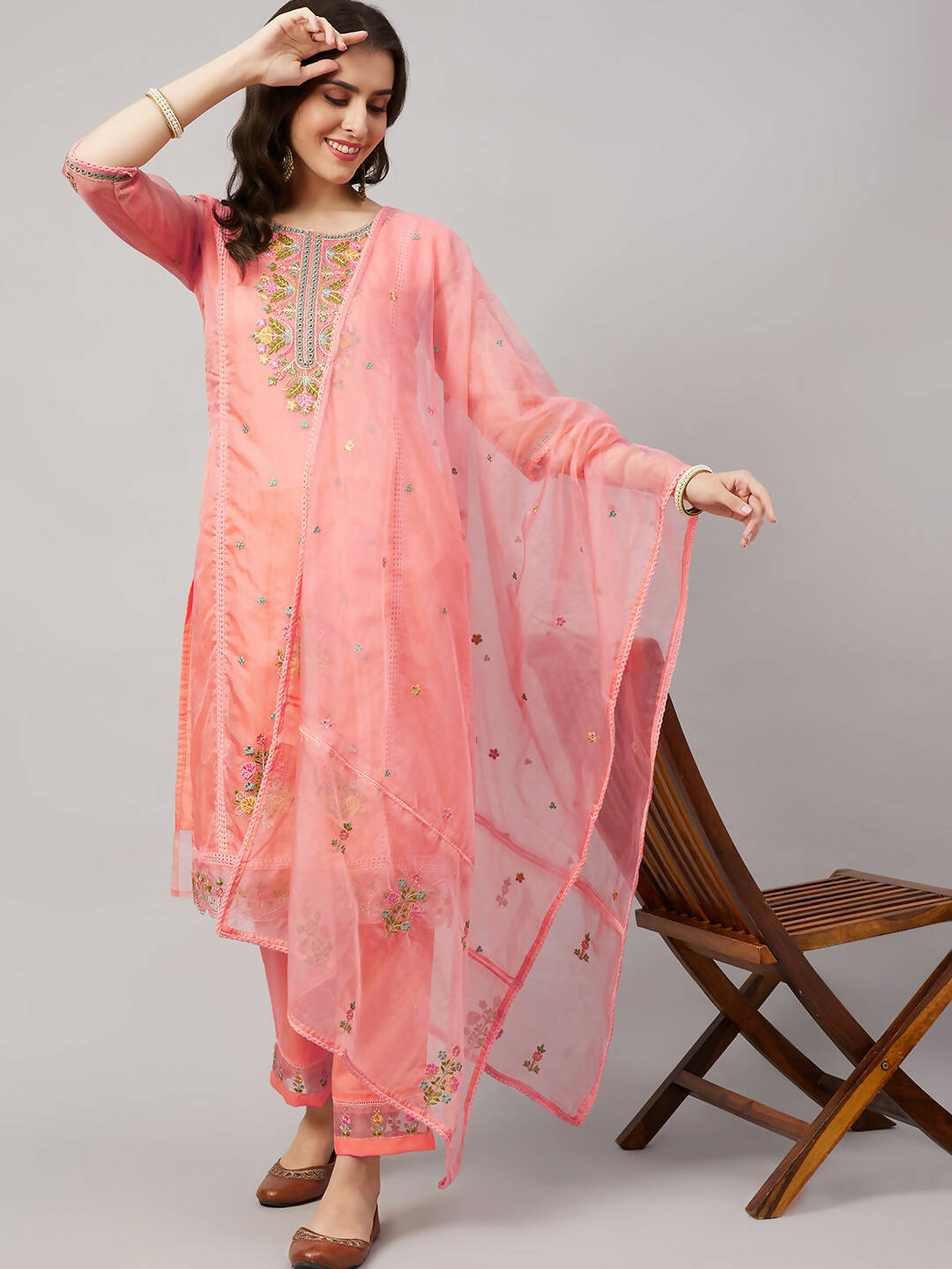Peach Organza Embroidered Kurta with Bottom & Dupatta - Salimar | Grocsy