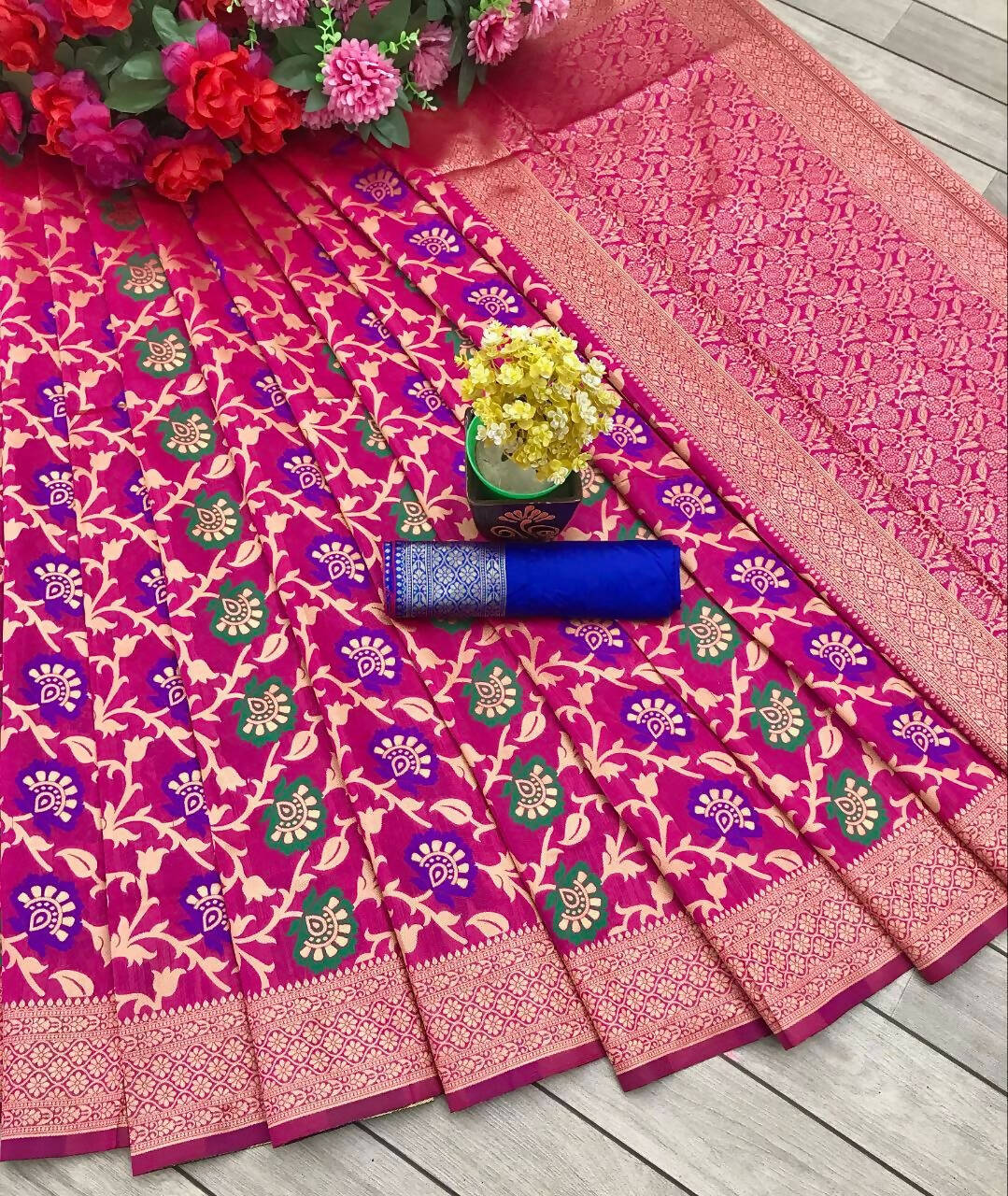 DEIANA'S Beautiful Designer Golden zari Soft Lichi Silk Saree - Pink | Grocsy