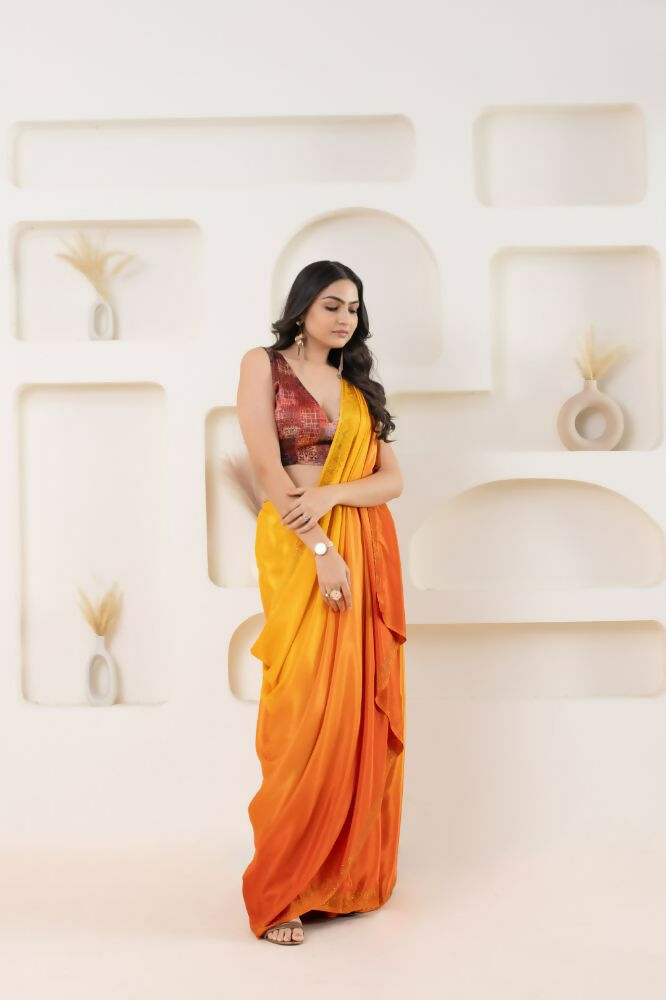 Yellow Satin Pedding Designer, Printed Party Wear Ready To Wear Saree - Femina | Grocsy