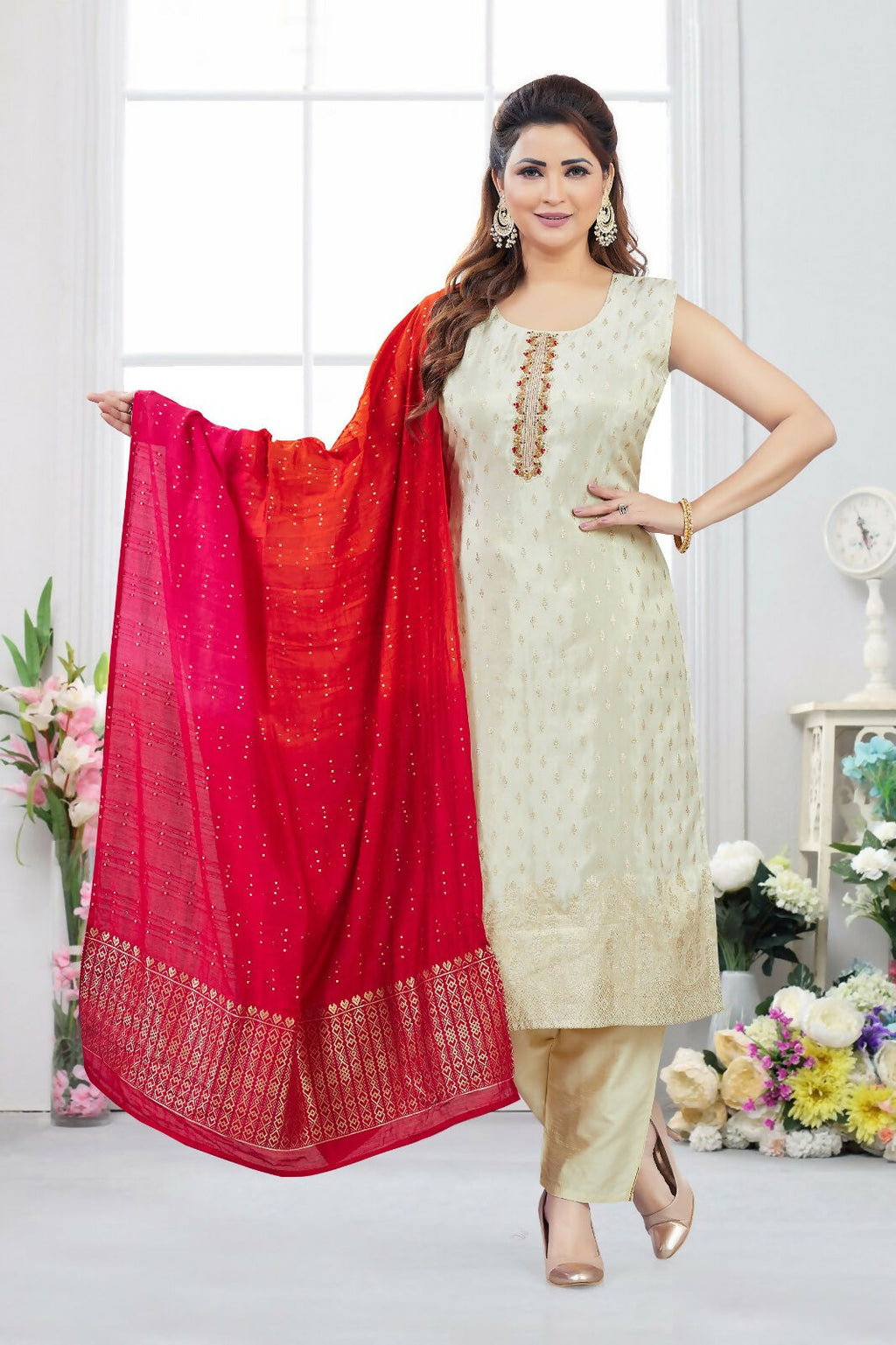 Joban Fashion Jacquard Cream Color Kurta Set | Grocsy
