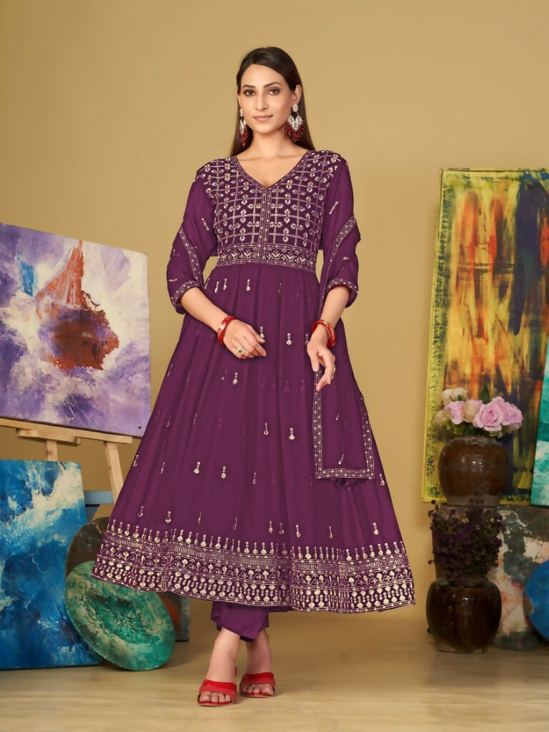 Jyoti Fashion Women's Purple Georgette Embroidered Anarkali Kurta Pant Set With Dupatta | Grocsy