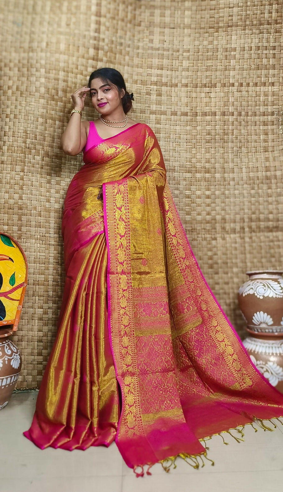 Exclusive Collection Pink Beautiful Tissue Benarasi Saree | Grocsy