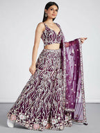 House of Panchhi Burgundy Net Sequins And Thread Embroidery Lehenga Choli & Dupatta | Grocsy