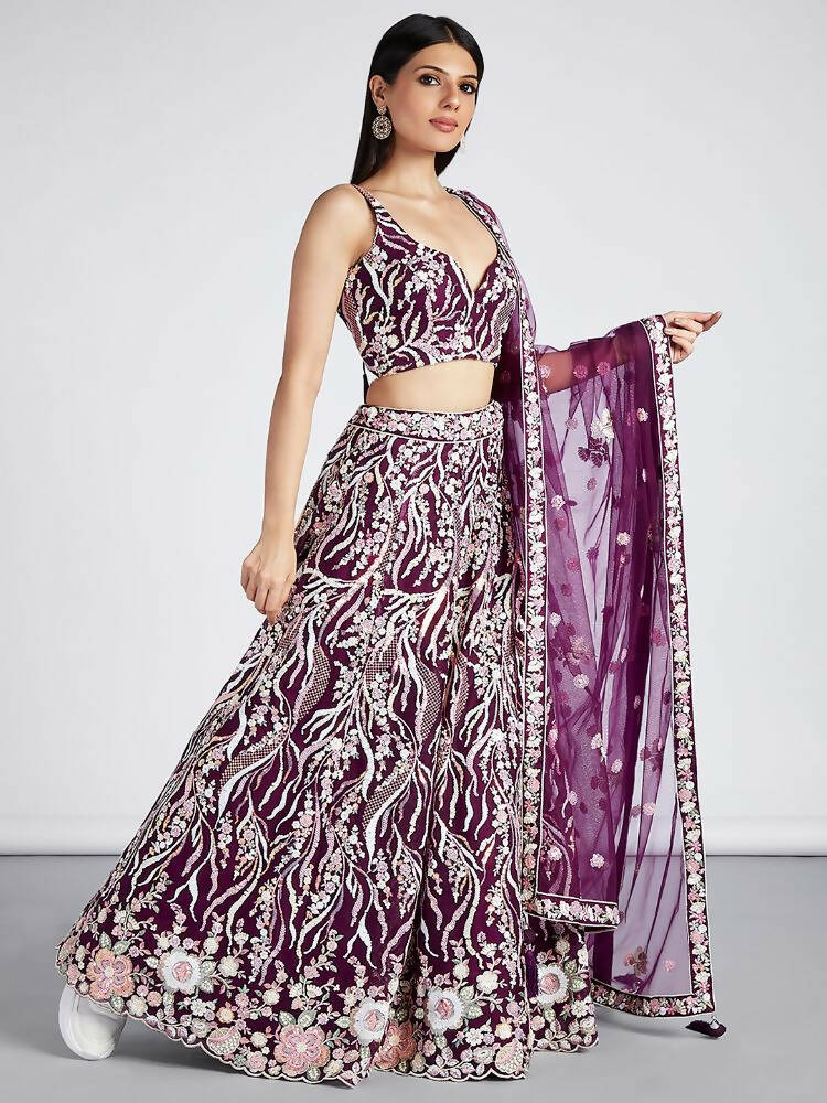 House of Panchhi Burgundy Net Sequins And Thread Embroidery Lehenga Choli & Dupatta | Grocsy
