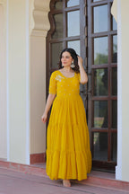 Joban Fashion Yellow Georgette Sequence Embroidery Work Gown | Grocsy