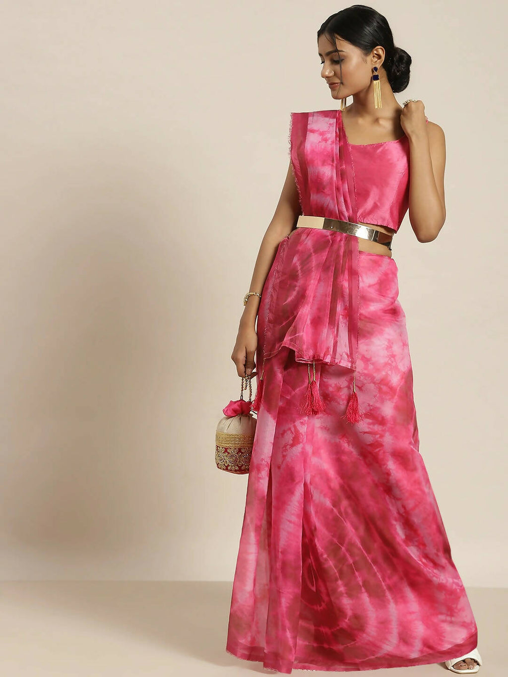 Pink Organza Printed Saree With Blouse Piece - Nivaa | Grocsy