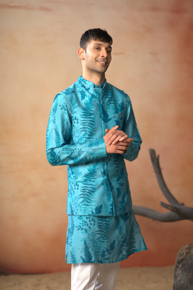 Breezy Leaves Print Cotton Nehru Jacket Set by Hilo Design | Grocsy