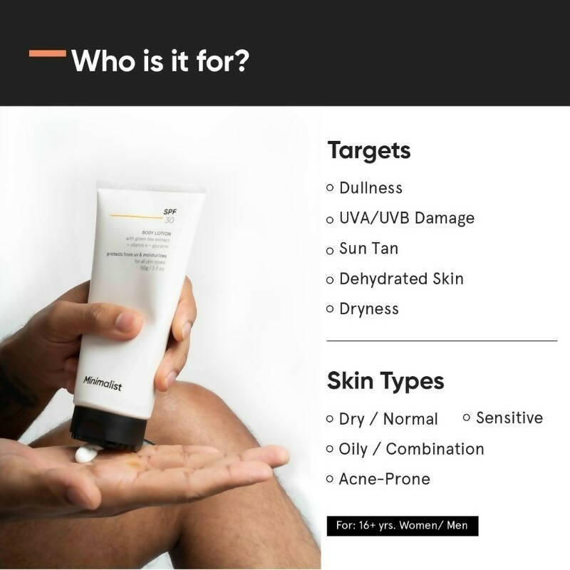 Minimalist SPF 30 Body Lotion With Vitamin E, Gylcerin & Green Tea Extract | Grocsy