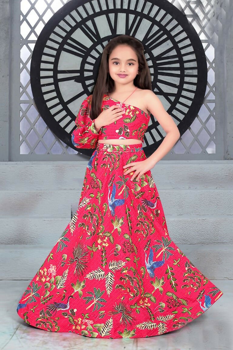 Aayaa Designer Printed Chinon Crochet Sequance Pink Kids Lehenga Choli - Pink | Grocsy