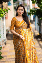 Mustard Cotton Blend Ajrak Saree with Unstitched Blouse - A2M | Grocsy