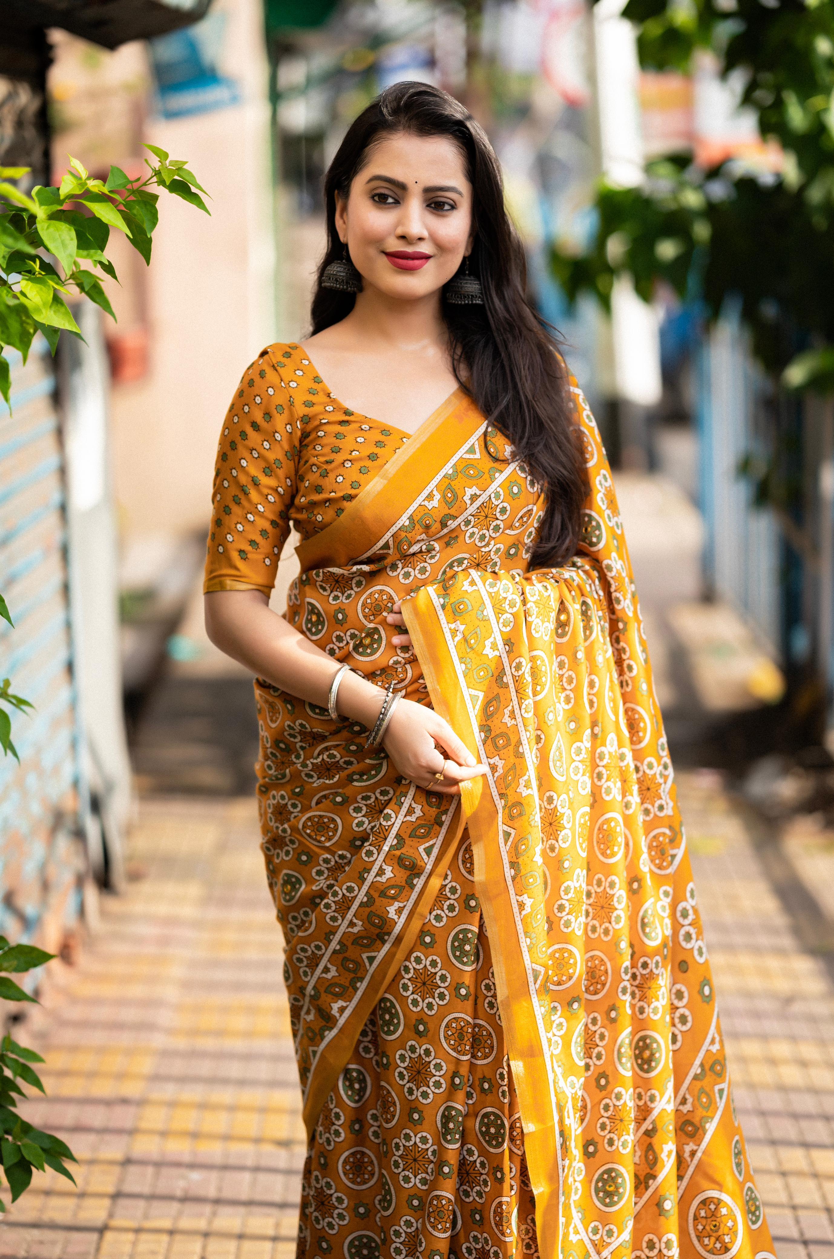 Mustard Cotton Blend Ajrak Saree with Unstitched Blouse - A2M | Grocsy