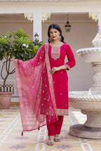The52 Women's Beautiful Embroidery Work Viscose Chanderi Fabric Straight Kurta Pant and Dupatta Set-Red | Grocsy
