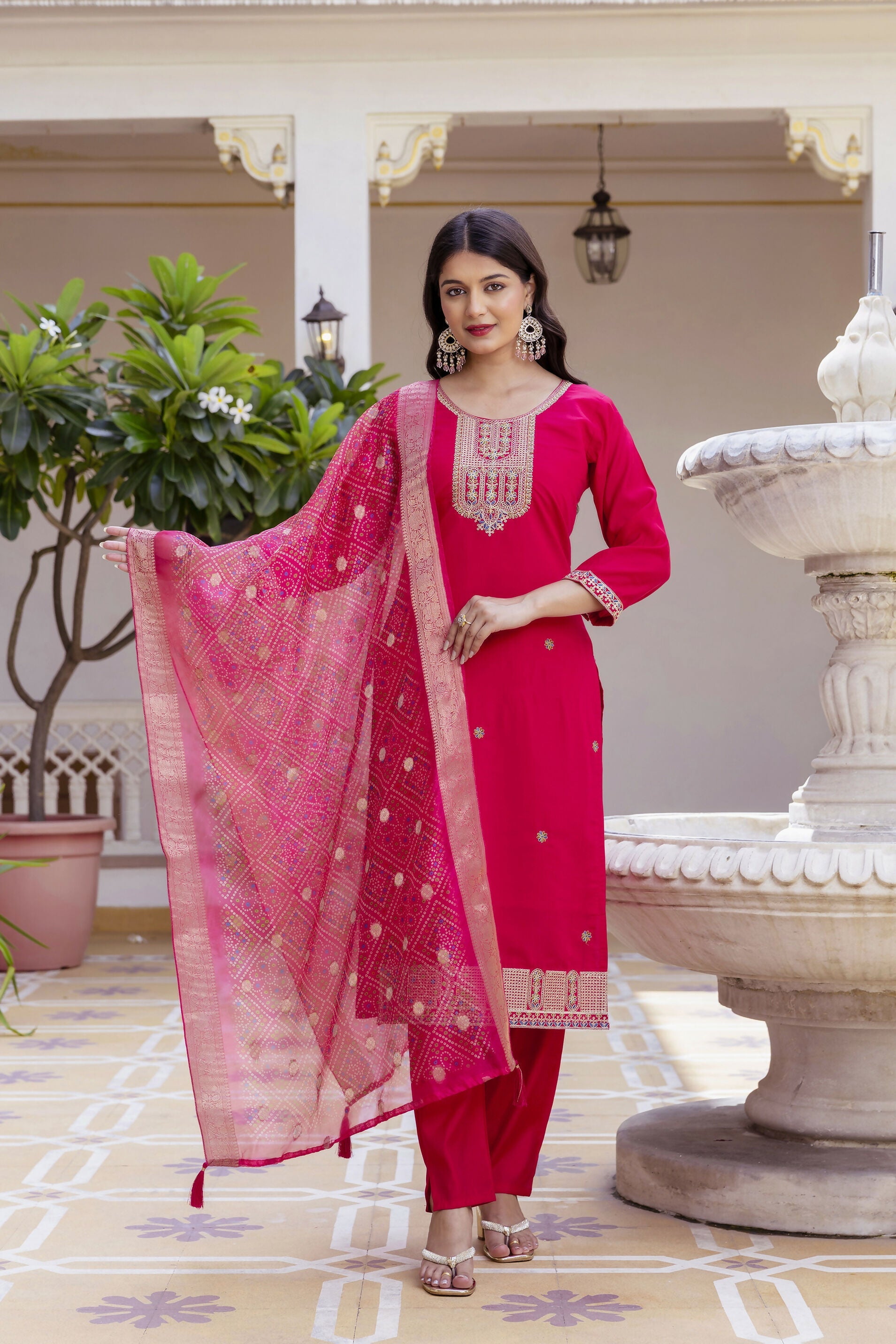 The52 Women's Beautiful Embroidery Work Viscose Chanderi Fabric Straight Kurta Pant and Dupatta Set-Red | Grocsy