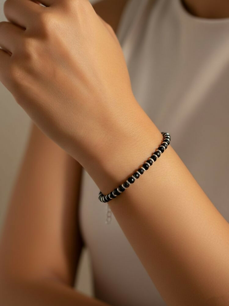NVR Women Silver Plated Black Beaded Adjustable Bracelet | Grocsy