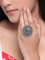 NVR Women's Oxidised Silver Plated Adjustable Finger Ring | Grocsy