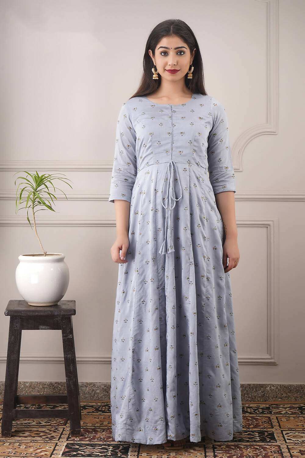 Partywear Designer Hand Screen and Foil Print Lightsteelgrey Pure chanderi Gown - Anbazaar | Grocsy