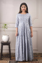 Partywear Designer Hand Screen and Foil Print Lightsteelgrey Pure chanderi Gown - Anbazaar | Grocsy