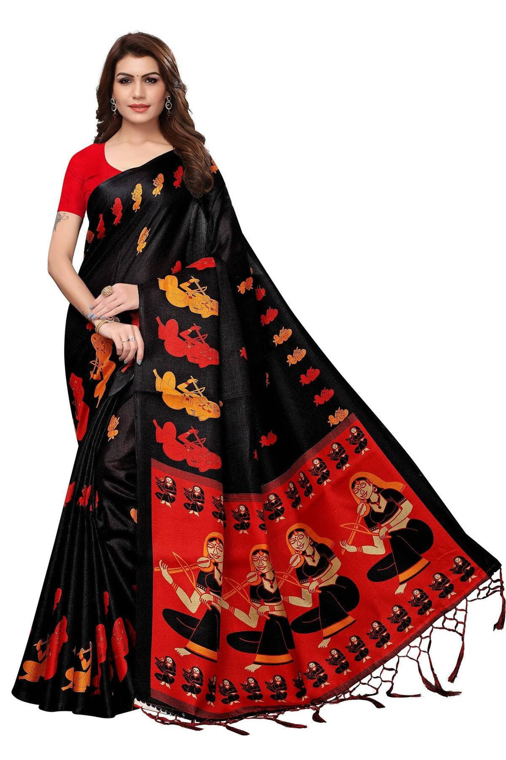 Vamika Black & Red Kalamkari With Jhalar Khadi Silk Saree | Grocsy