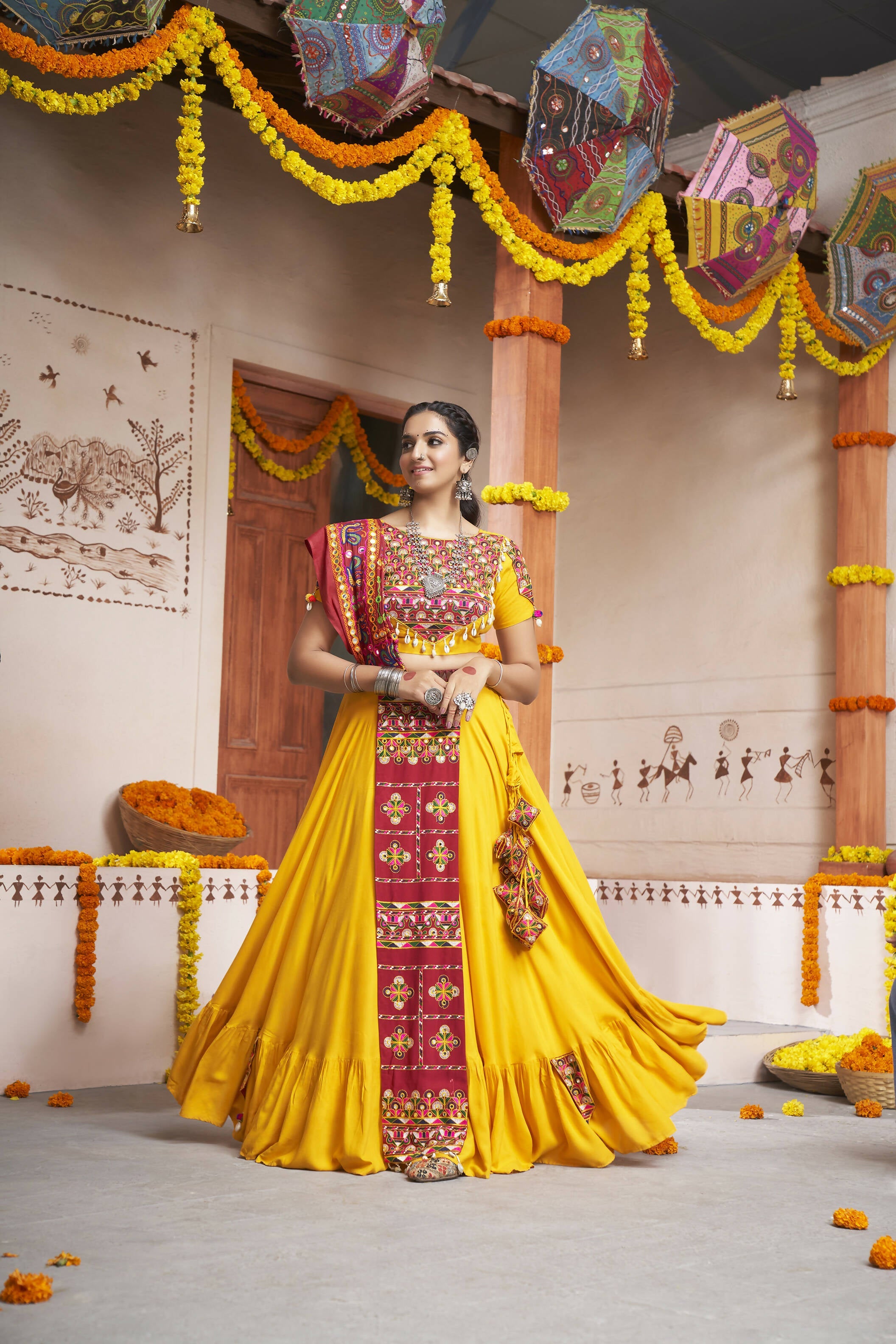 Yellow Viscose Rayon Thread Embroidery with mirror work Navratri Lehenga Choli with Dupatta - Raas | Grocsy