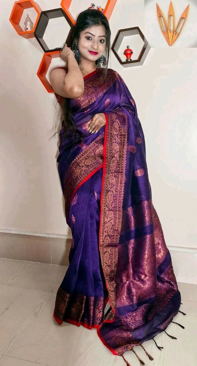 Exclusive Collection Beautiful Linen Banarashi Violet Pure Cotton Handloom Saree With Running Blouse Piece | Grocsy
