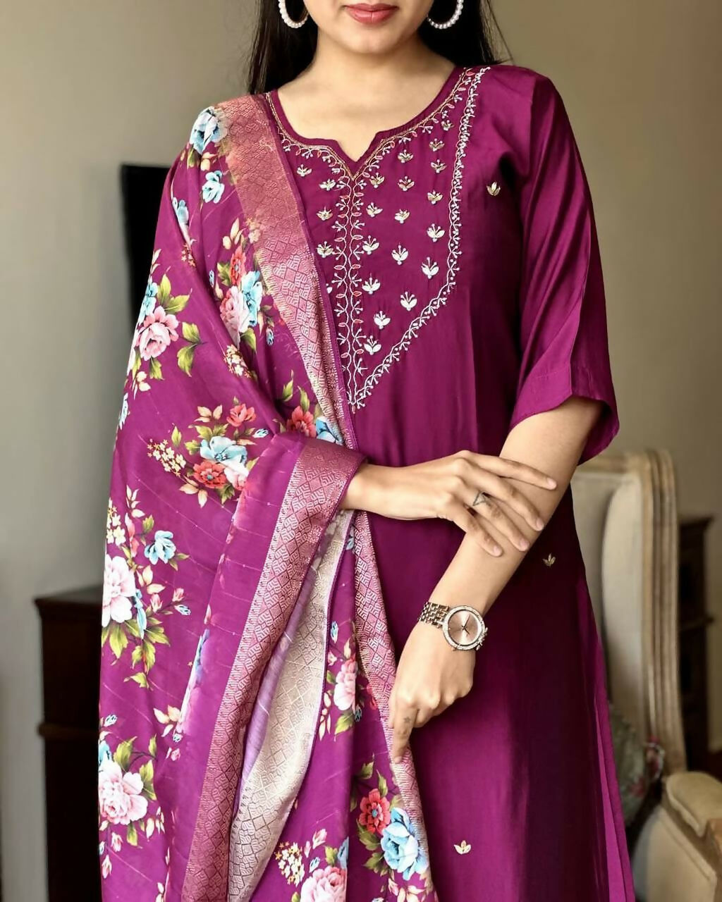 The52 Wine Women's Gorgeous Embroidered Rayon Fabric Straight Kurta Pant with Dupatta Set | Grocsy