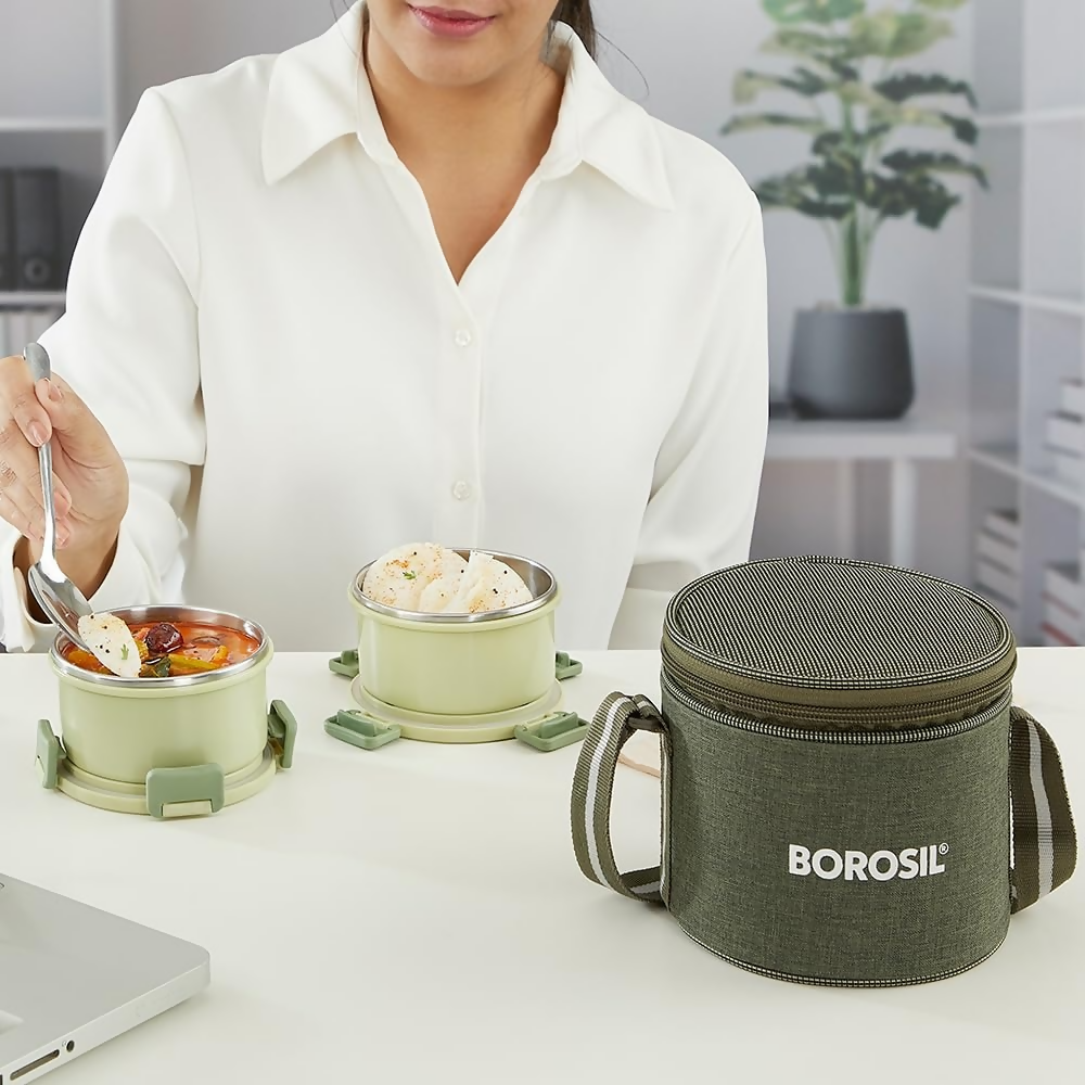 Borosil Glory Green Stainless Steel Lunch Box with Bag | Grocsy