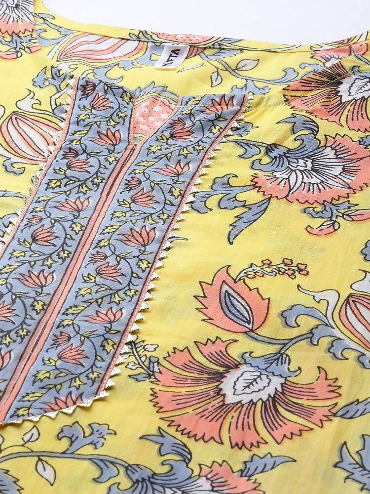 Yufta Yellow printed kurta with Palazzo & Dupatta Set | Grocsy