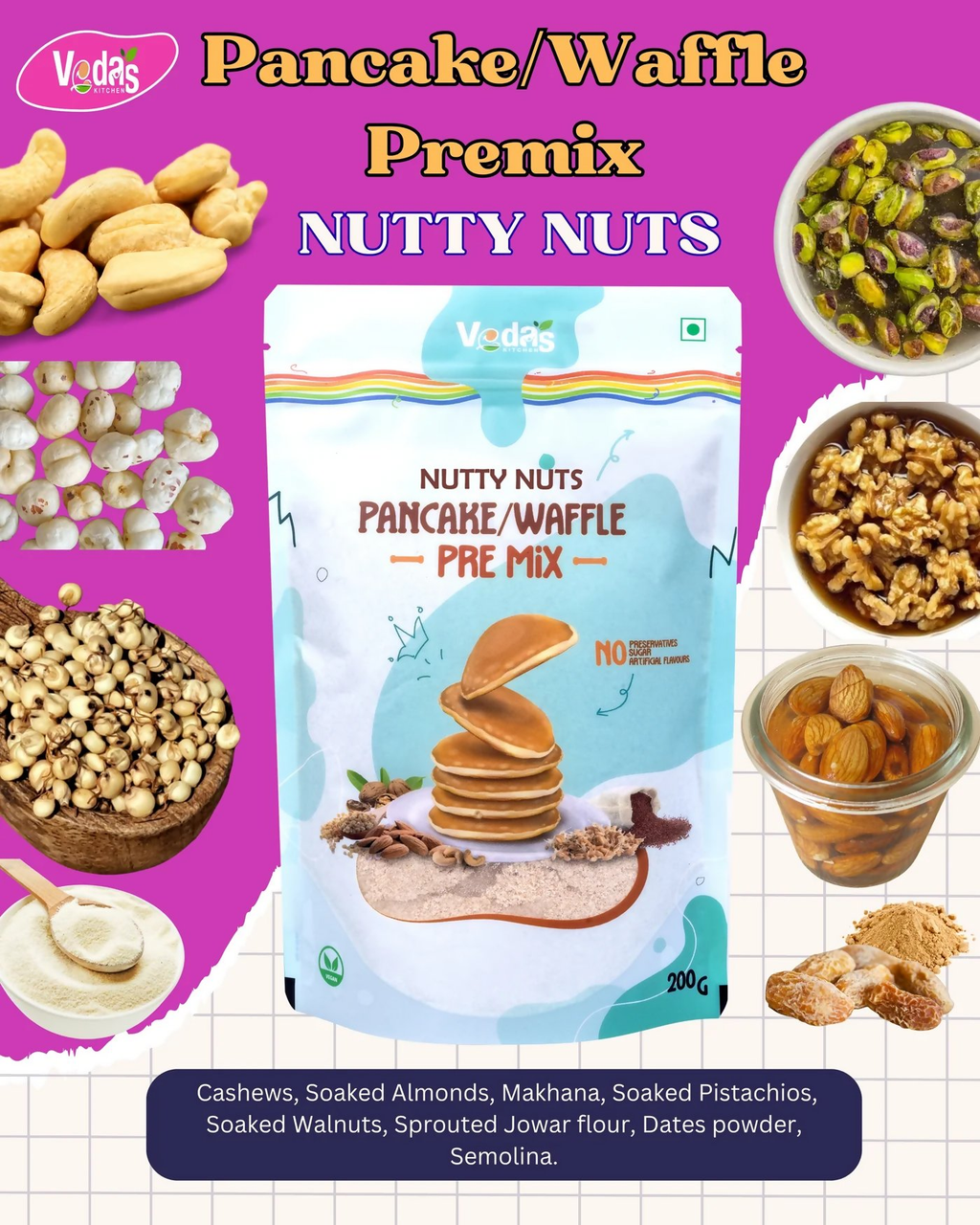 Vedas Kitchen Nutty Nuts Waffle/Pancake Premix | Grocsy