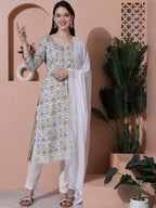 Jyoti Fashion Women's Off White Cotton Floral Digital Printed Kurta with Trouser & Dupatta | Grocsy