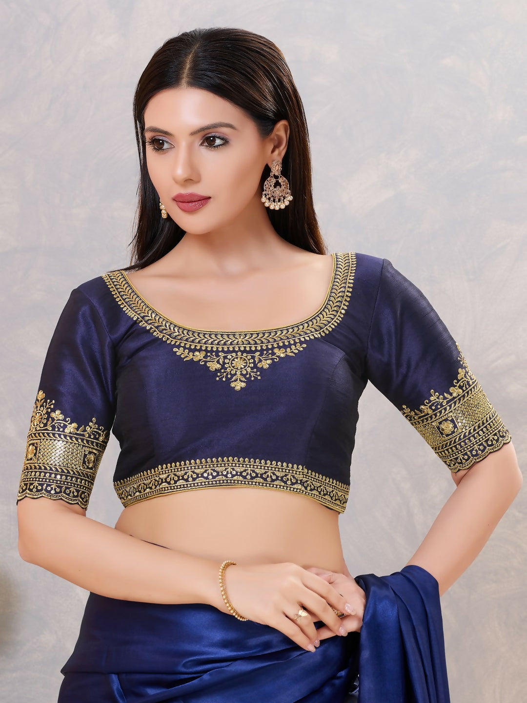 Joban Fashion Women Silk Navy-Blue Stitched Blouse | Grocsy