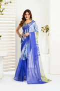Vastranavya Blue Digital Printed Linen Ready To Wear Designer Saree with Unstitched Blouse | Grocsy