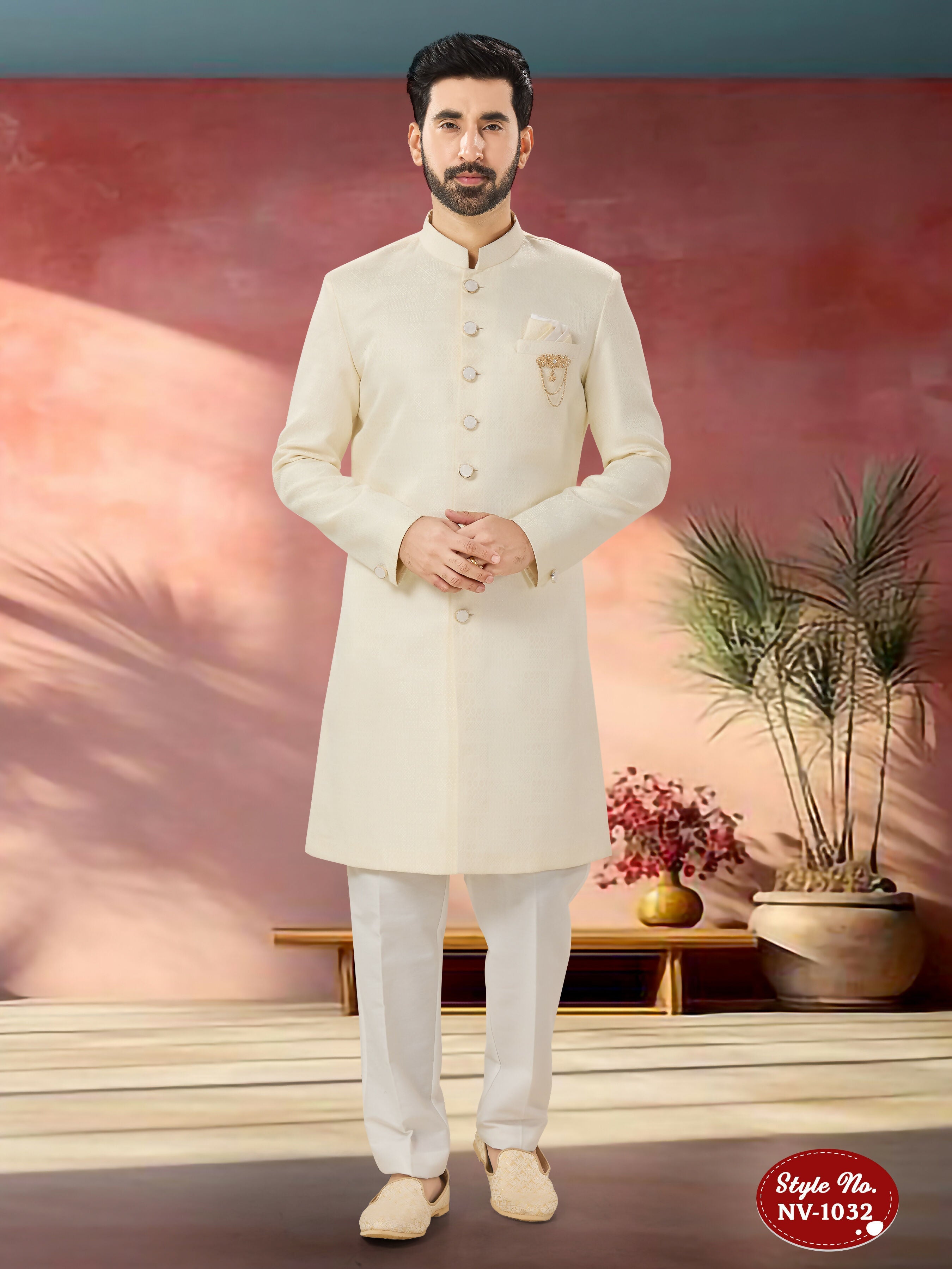 Joban Fashion Men's White Straight Imported Tr Self-Design In Fabric Indo-Western Kurta Set | Grocsy