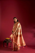 Joban Fashion Cream & Pink Plain With Weaving Border Banarasi Silk Sarees | Grocsy