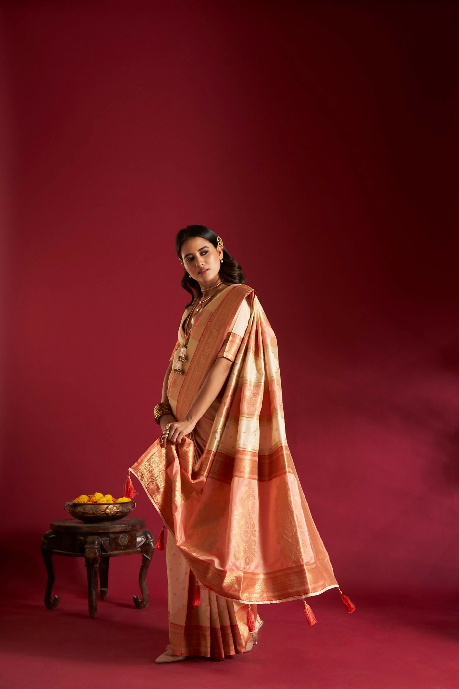 Joban Fashion Cream & Pink Plain With Weaving Border Banarasi Silk Sarees | Grocsy