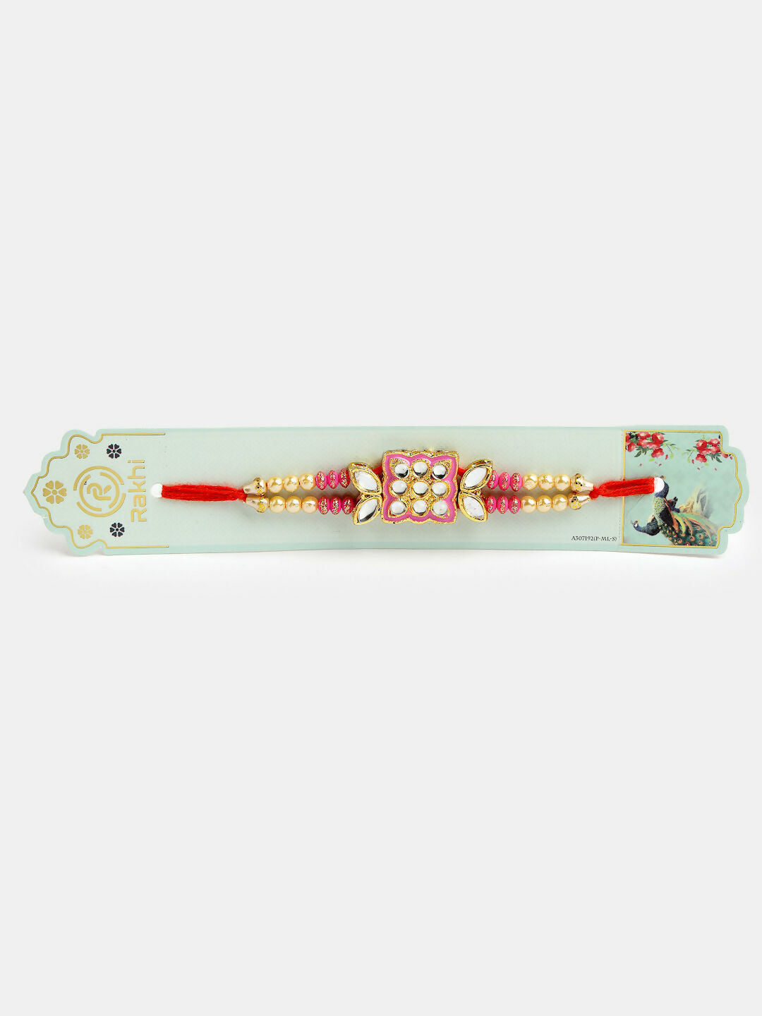 NVR Men Pink & Gold-Toned Kundan-Studded Rakhi With Roli Chawal & Chocolate | Grocsy