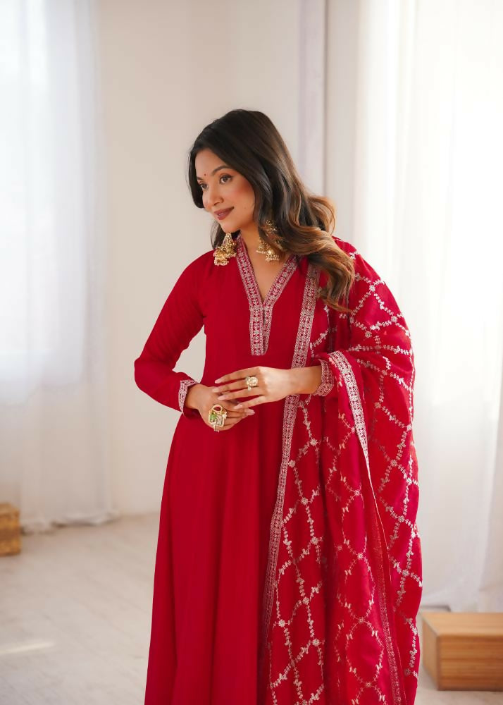 Lehenga Mart Designer Anarkali Suit With Kurta, Dupatta For Women-Red | Grocsy