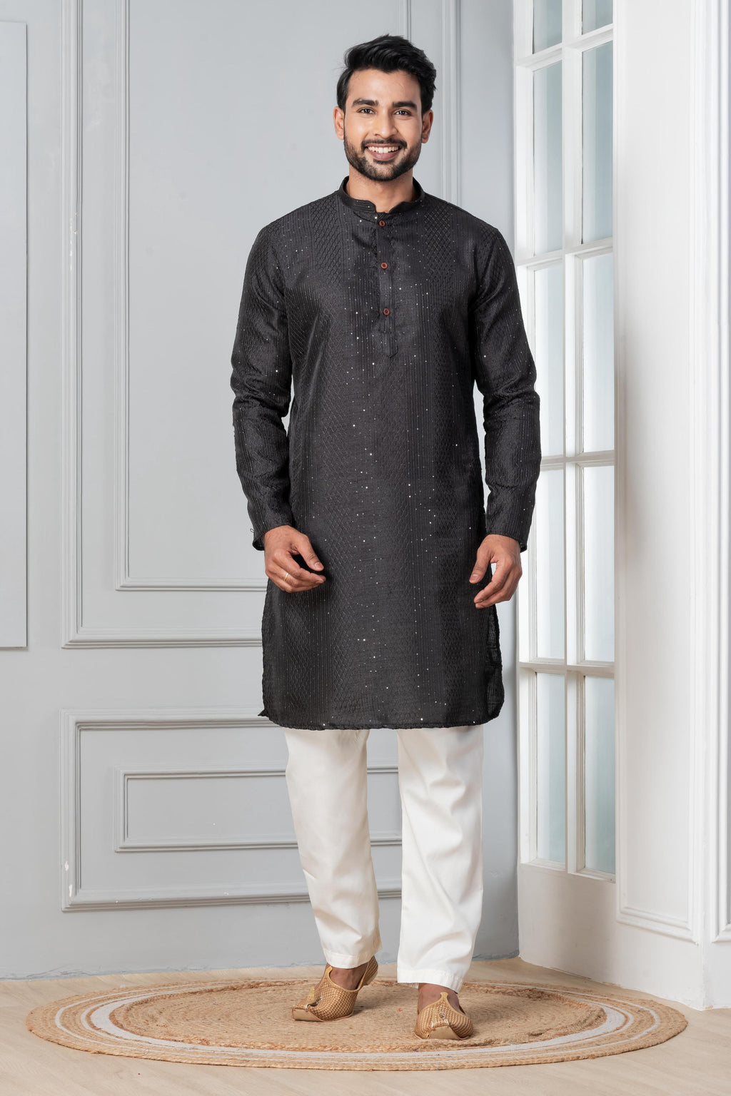 Zavaya Men Black Embroidery Silk Kurta | Grocsy