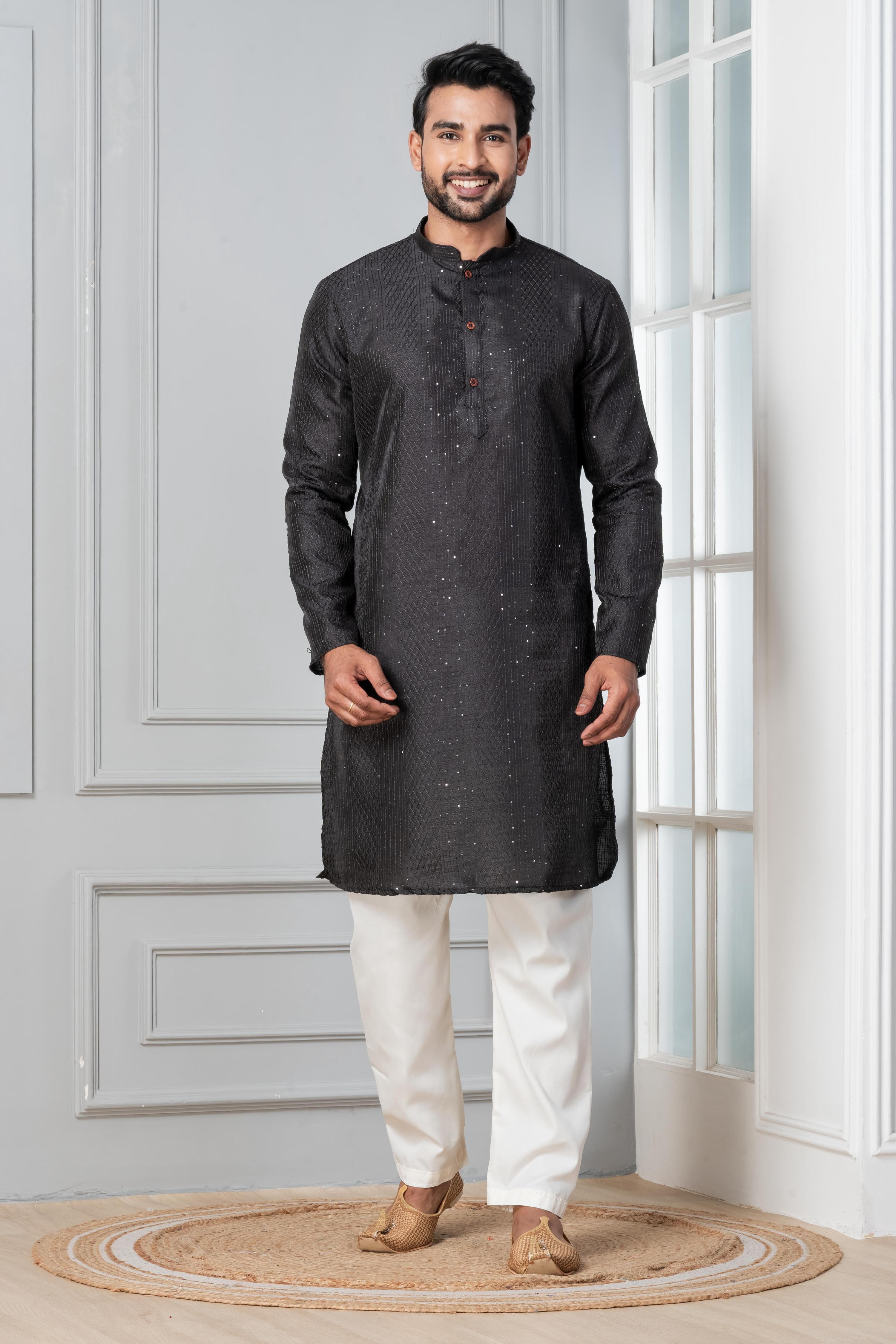 Zavaya Men Black Embroidery Silk Kurta | Grocsy