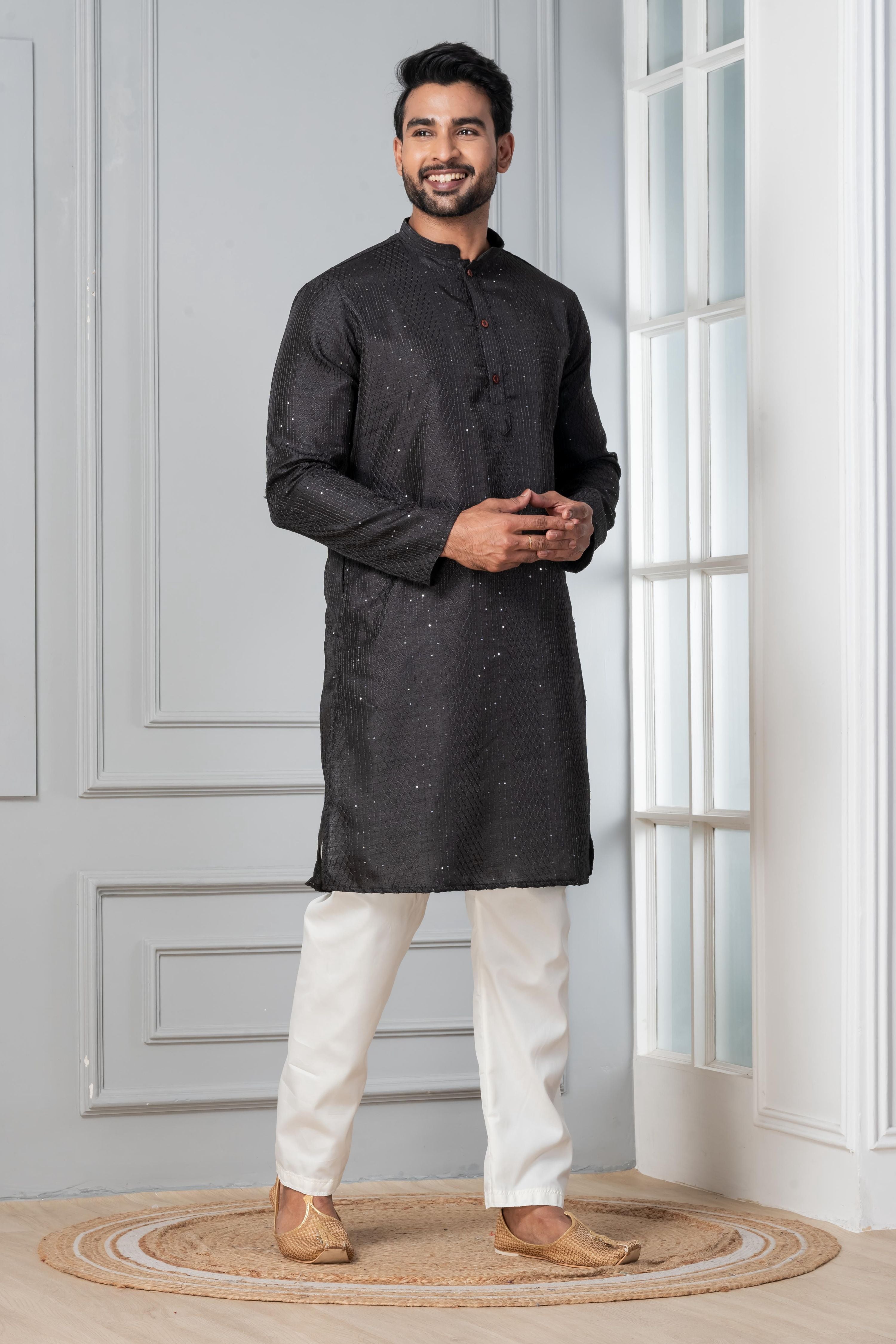 Zavaya Men Black Embroidery Silk Kurta | Grocsy
