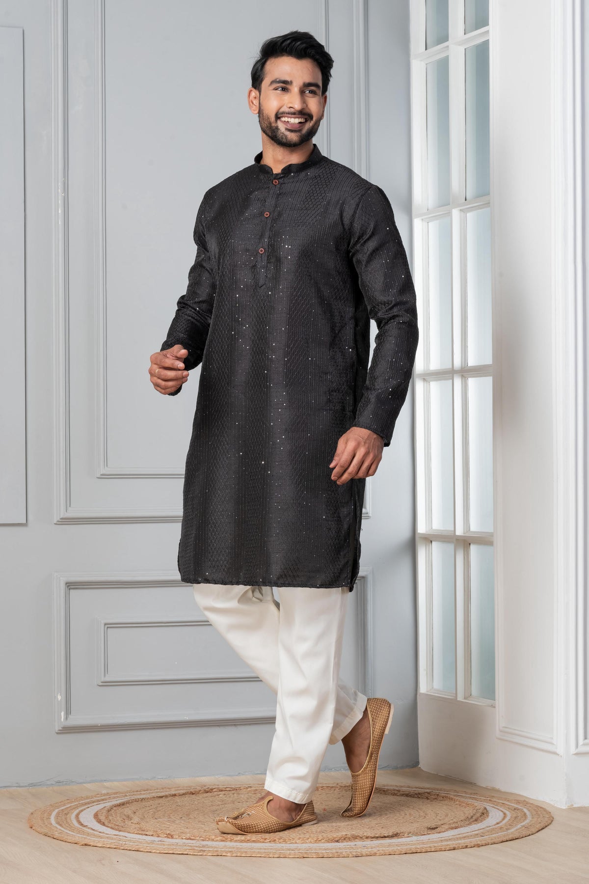 Zavaya Men Black Embroidery Silk Kurta | Grocsy