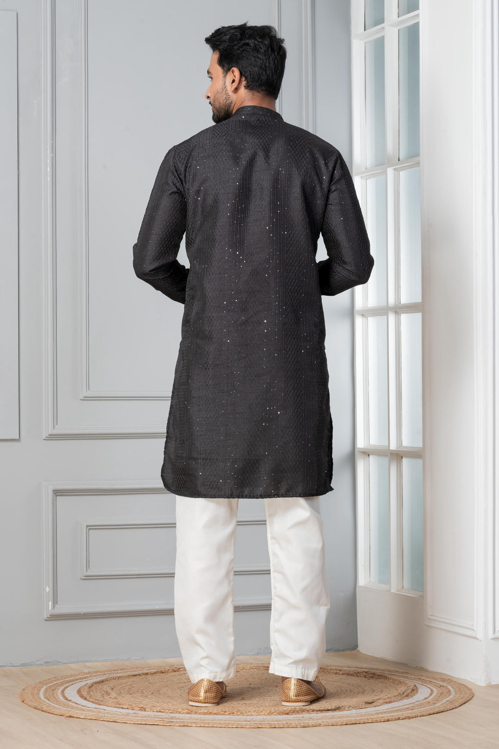 Zavaya Men Black Embroidery Silk Kurta | Grocsy