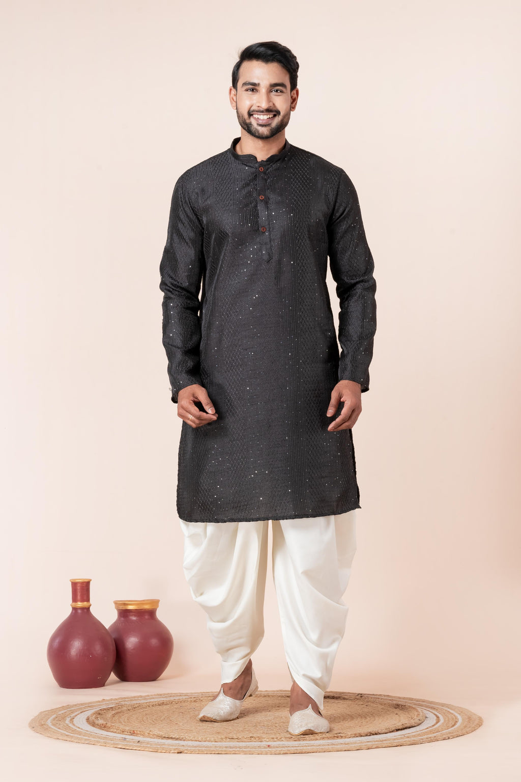 Zavaya Men Black Embroidery Silk Kurta Dhoti Set | Grocsy