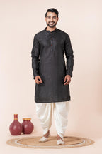 Zavaya Men Black Embroidery Silk Kurta Dhoti Set | Grocsy