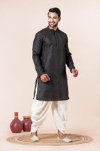 Zavaya Men Black Embroidery Silk Kurta Dhoti Set | Grocsy